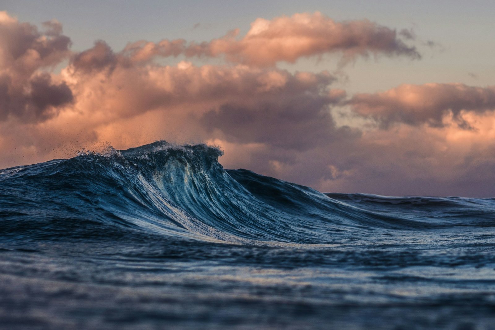 Ocean wave under a pink sunset sky
